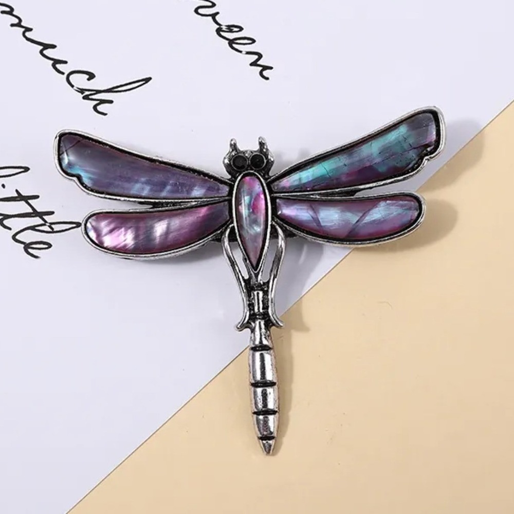 Abalone Shell Dragonfly Brooch Purple Teal Silver Tone Nature Insect Pin 6x5cm